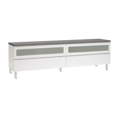 Kuvassa on 184 cm leveä valkoinen Viiva-sarjan tv-taso antrasiitinvärisellä kansilevyllä ja valkoisilla metallijaloilla.