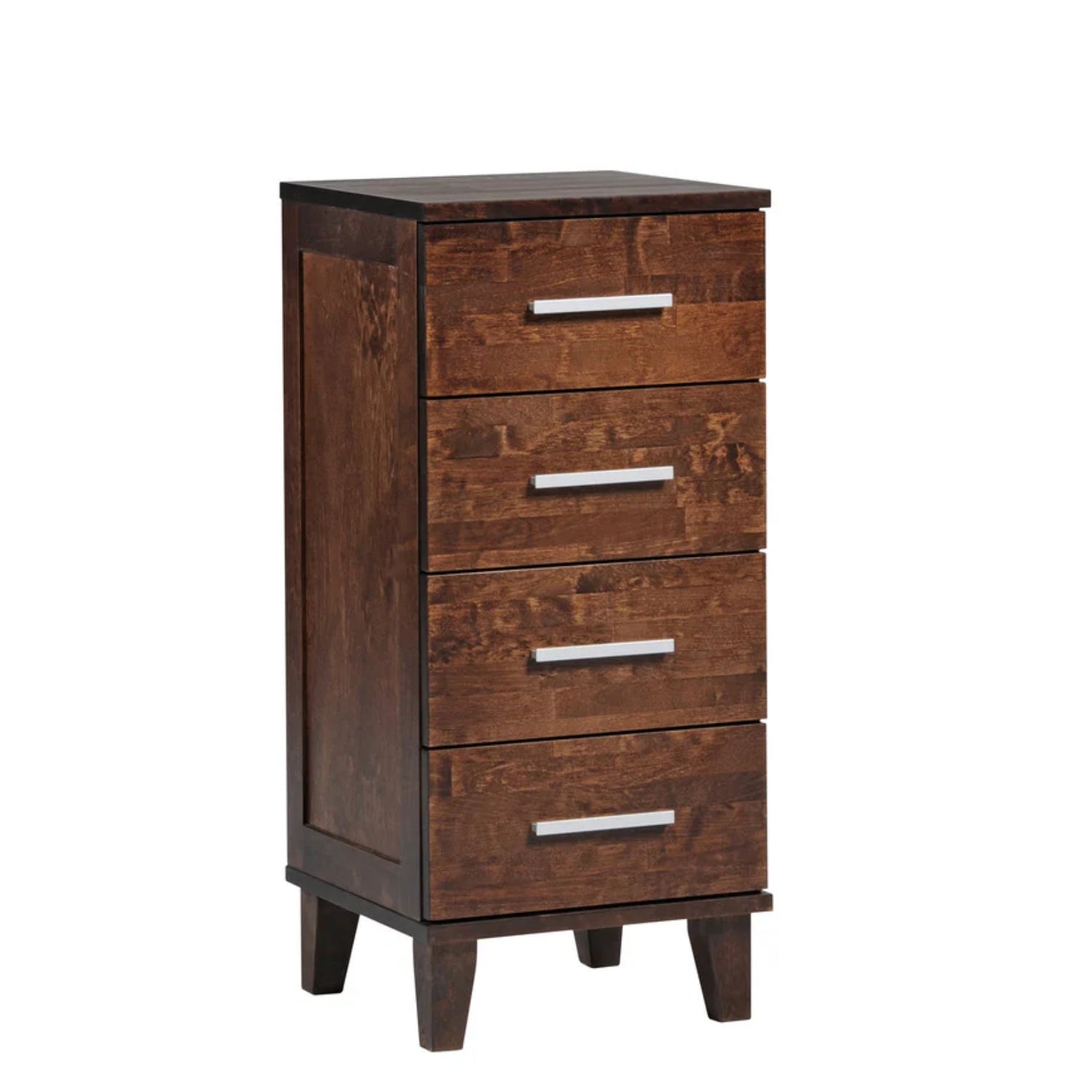 Vuokatti-lipasto tumman pähkinänvärisenä peilisivuilla. Lipastossa on pitkänmalliset vetimet ja puujalat.