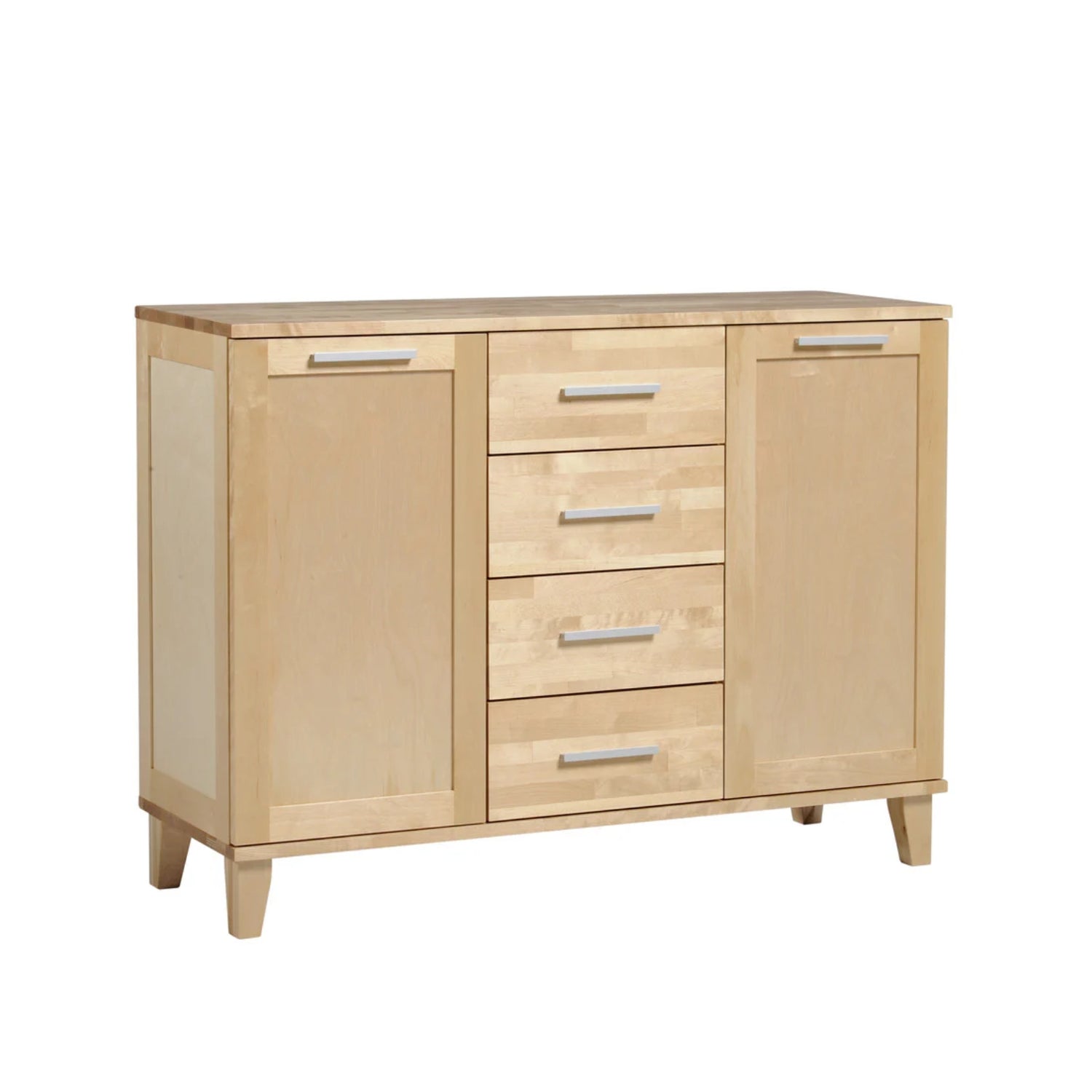 Vuokatti-senkki peilisivuilla ja -ovilla, luonnonovärinen koivu. Senkissä on pitkänmalliset vetimet ja puujalat.