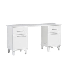 Vuokatti-työpöytä, valkoinen. Työpöydän säilytystiloissa on peilipuusivut ja ovet, sekä pitkänmalliset vetimet ja puujalat.