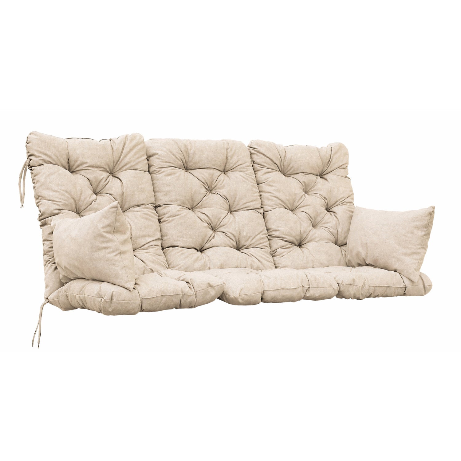 Venta-keinunpehmusteet, värissä beige. Tuotepakettiin kuuluu kolme istuinpehmustetta ja kaksi käsinoja-/koristetyynyä.