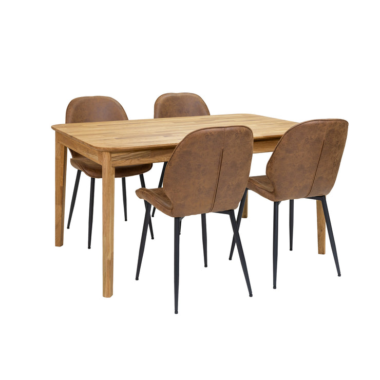 Luonnonvärinen Vera-tammipöytä ja ruskeat kangas-/keinonahkaverhoillut Cordova-tuolit mustilla metallijaloilla.
