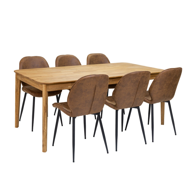 Luonnonvärinen Vera-tammipöytä ja ruskeat kangas-/keinonahkaverhoillut Cordova-tuolit mustilla metallijaloilla.