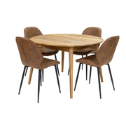 Luonnonvärinen pyöreä jatkettava Vera-tammipöytä Ø 115 cm jatkamattomana (jatkopala on pöydän sisällä) ja ruskeat kangas-/keinonahkaverhoillut Cordova-tuolit mustilla metallijaloilla.