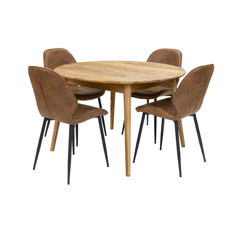 Luonnonvärinen pyöreä jatkettava Vera-tammipöytä Ø 115 cm jatkamattomana (jatkopala on pöydän sisällä) ja ruskeat kangas-/keinonahkaverhoillut Cordova-tuolit mustilla metallijaloilla. Ruokaryhmäpakettiin kuuluu 6 tuolia.