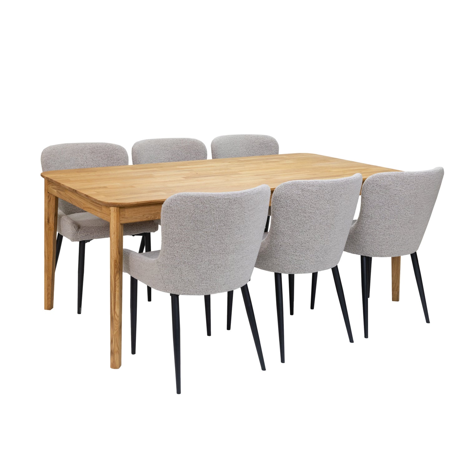 Luonnonvärinen Vera-tammipöytä 180 x 90 cm, sekä hiekanväriset Boucle-kankaiset Ontario-tuolit mustilla metallijaloilla.