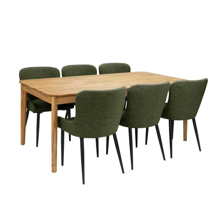 Luonnonvärinen Vera-tammipöytä 180 x 90 cm, sekä vihreät Boucle-kankaiset Ontario-tuolit mustilla metallijaloilla.
