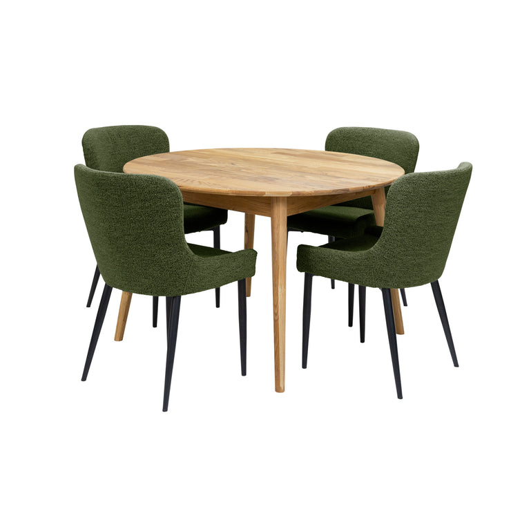 Luonnonvärinen Vera-tammipöytä jatkamattomana (jatkopala on pöydän keskeltä avattavissa) ja vihreät Boucle-kangasverhoillut Ontario-tuolit mustilla metallijaloilla.