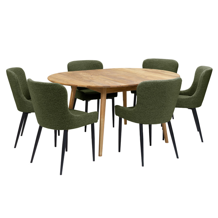 Luonnonvärinen Vera-tammipöytä jatkettuna keskeltä avautuvalla 40 cm jatkolevyllä ja vihreät Boucle-kangasverhoillut Ontario-tuolit mustilla metallijaloilla. Pöytäryhmään kuuluu 4 tuolia ja 2 on ostettavissa erikseen.