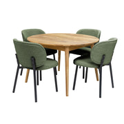 Luonnonvärinen pyöreä Vera-tammipöytä Ø 115 cm ja vihreät Boucle-kangasverhoillut Swan-tuolit mustilla metallijaloilla.