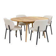 Luonnonvärinen pyöreä Vera-tammipöytä jatkettuna 40 cm jatkolevyllä ja valkoiset Boucle-kangasverhoillut Swan-tuolit mustilla metallijaloilla. Ruokaryhmäpakettiin kuuluu 6 tuolia.