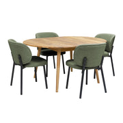Luonnonvärinen pyöreä Vera-tammipöytä jatkettuna 40 cm jatkolevyllä ja vihreät Boucle-kangasverhoillut Swan-tuolit mustilla metallijaloilla. Ruokaryhmäpakettiin kuuluu 6 tuolia.