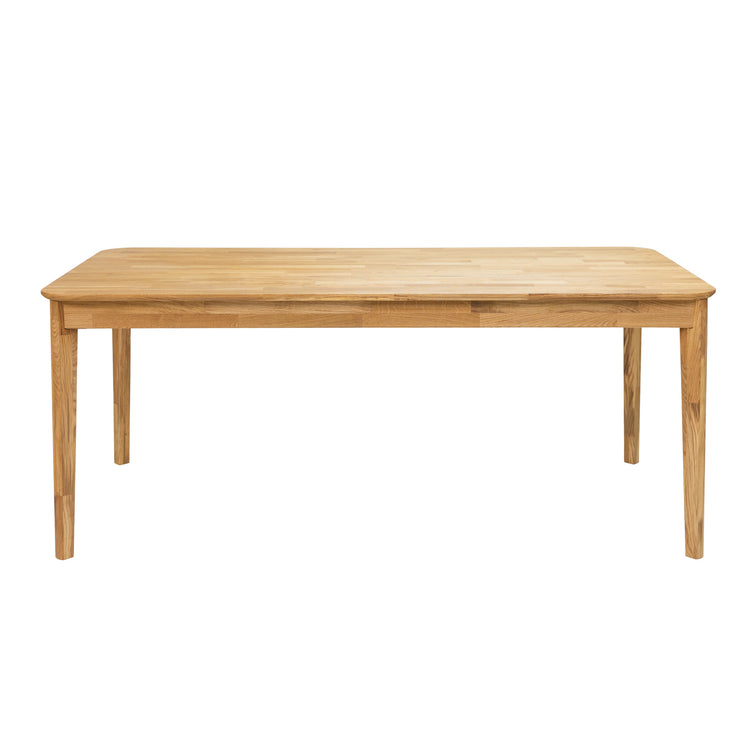 Luonnonvärinen Vera-tammipöytä koossa 180 x 90 cm. Pöydän kannessa on pyöristetyt kulmat.