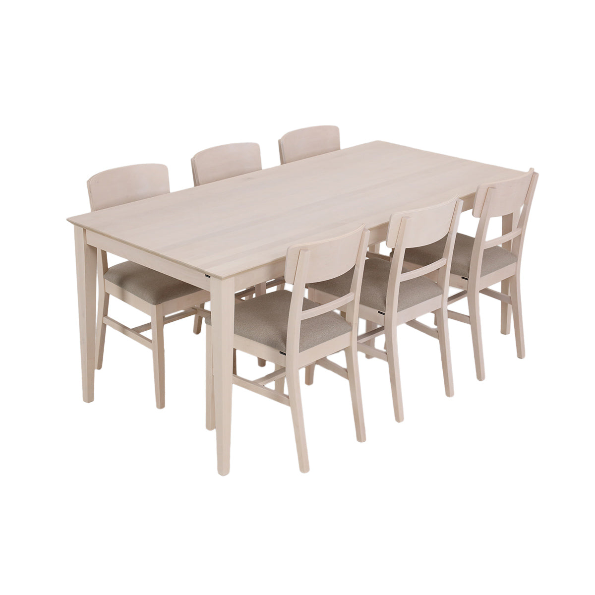 Kuultovalkoinen Ystad-ruokapöytä ja 6 tuolia istuinosaltaan kangasverhoiltuna beigellä Eternal 349-kankaalla.