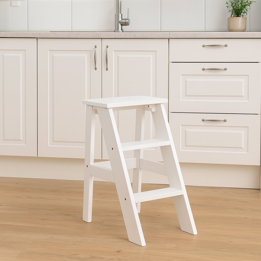 Valkoinen Aino-porrasjakkara. Stailattu visualisointi.