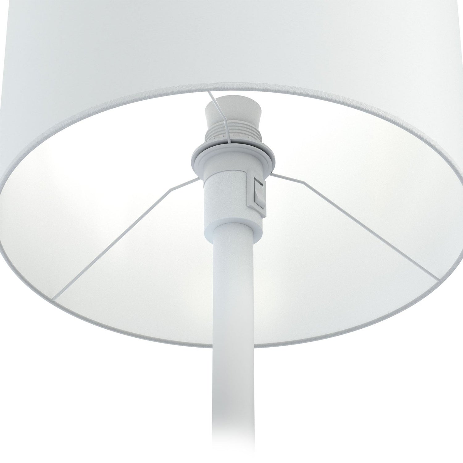 Lähikuvassa matta valkoinen Austin-pöytävalaisin, jossa valkoinen jalka yhdistettynä puhtaan valkoiseen kangasvarjostimeen.