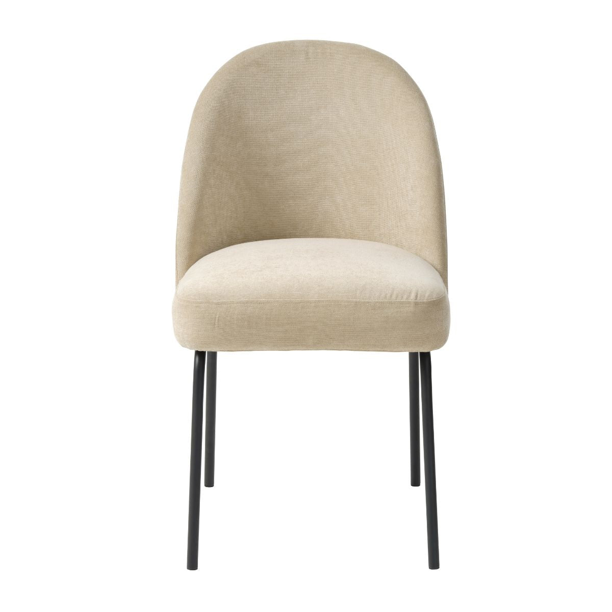 Creston-tuoli hiekan värisellä Chenille-verhoilukankaalla ja mustilla metallijaloilla.