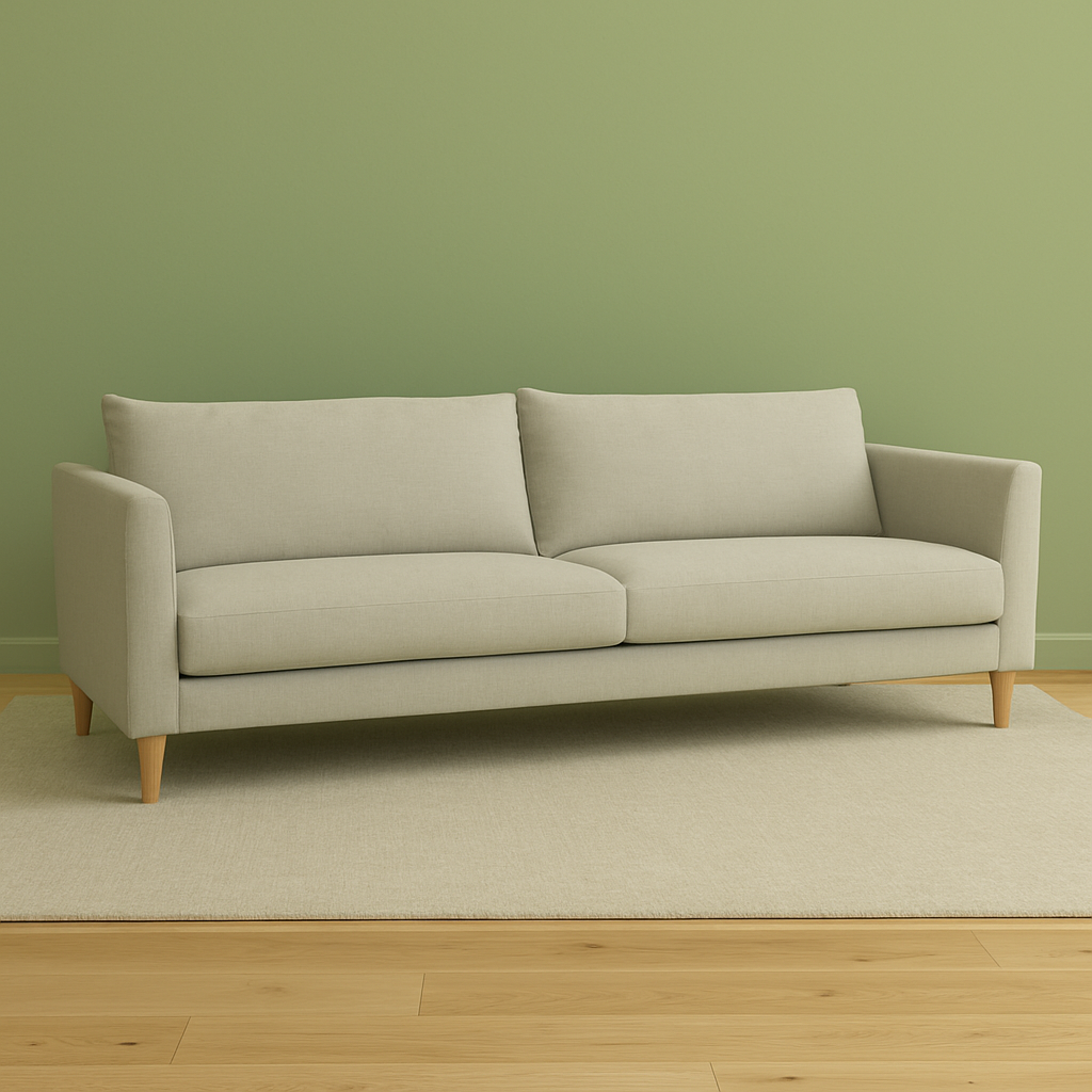 3-istuttava 232 cm Halla-sohva harmaanbeigellä Vogue 04 -kankaalla. Luonnonväriset 14 cm pyöreäkartiopuujalat. Stailattu visualisointi.