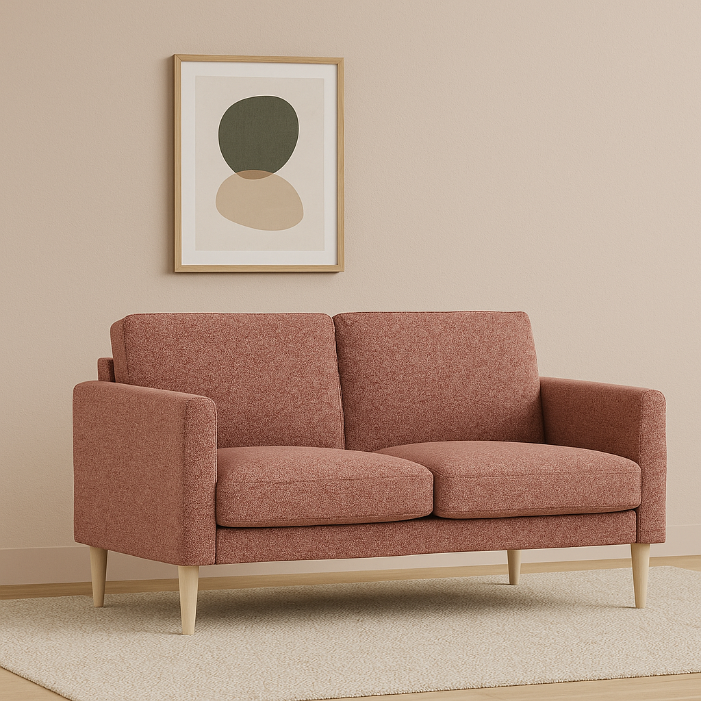 Kuvassa on Ilona 2-istuttava sohva punaisella Altamura 113 -kankaalla ja luonnonvärisillä 18 cm korkeilla pyöreäkartiojaloilla.  Kuvan sohvassa on 10 cm leveät KN10-käsinojat. Stailattu visualisointi.