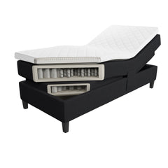 Jensen Opal -moottorisängyn läpileikkauskuva. Kuvassa näkyy Sleep 1 -sijauspatja, vyöhykkeisiin jaettu Jensen Aloy® 2.1 -pussijousitus yläjousisistossa, Jensen Reflect -pussijousitus alajousistossa, sekä puurunko.