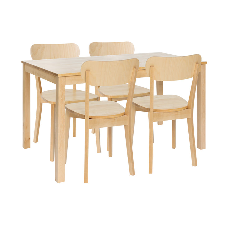 Luonnonvärinen Kaisla-ruokapöytä 130 x 80 cm ja Laine-tuolit.