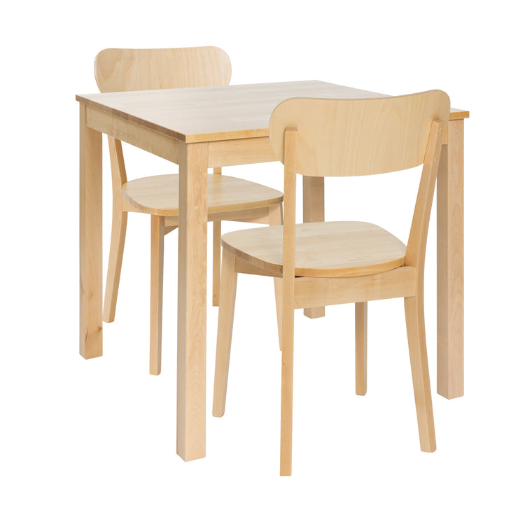 Luonnonvärinen Kaisla-ruokapöytä 80 x 80 cm ja Laine-tuolit.