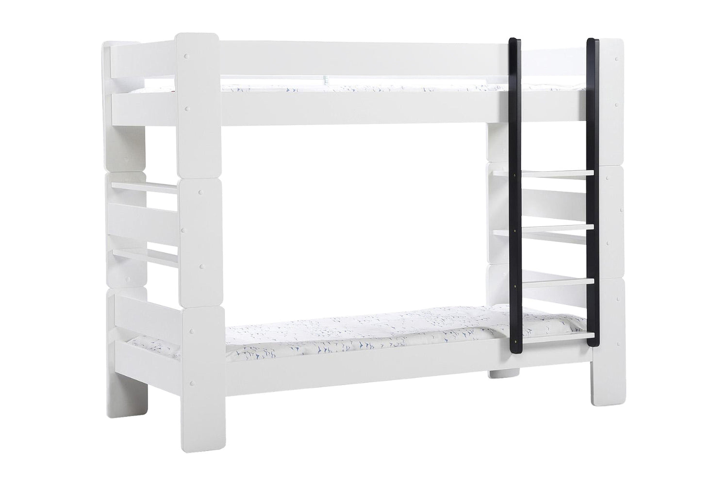 Mustavalkoinen Unipuu-kerrossänky. Patja ja petivaatteet myydään erikseen.