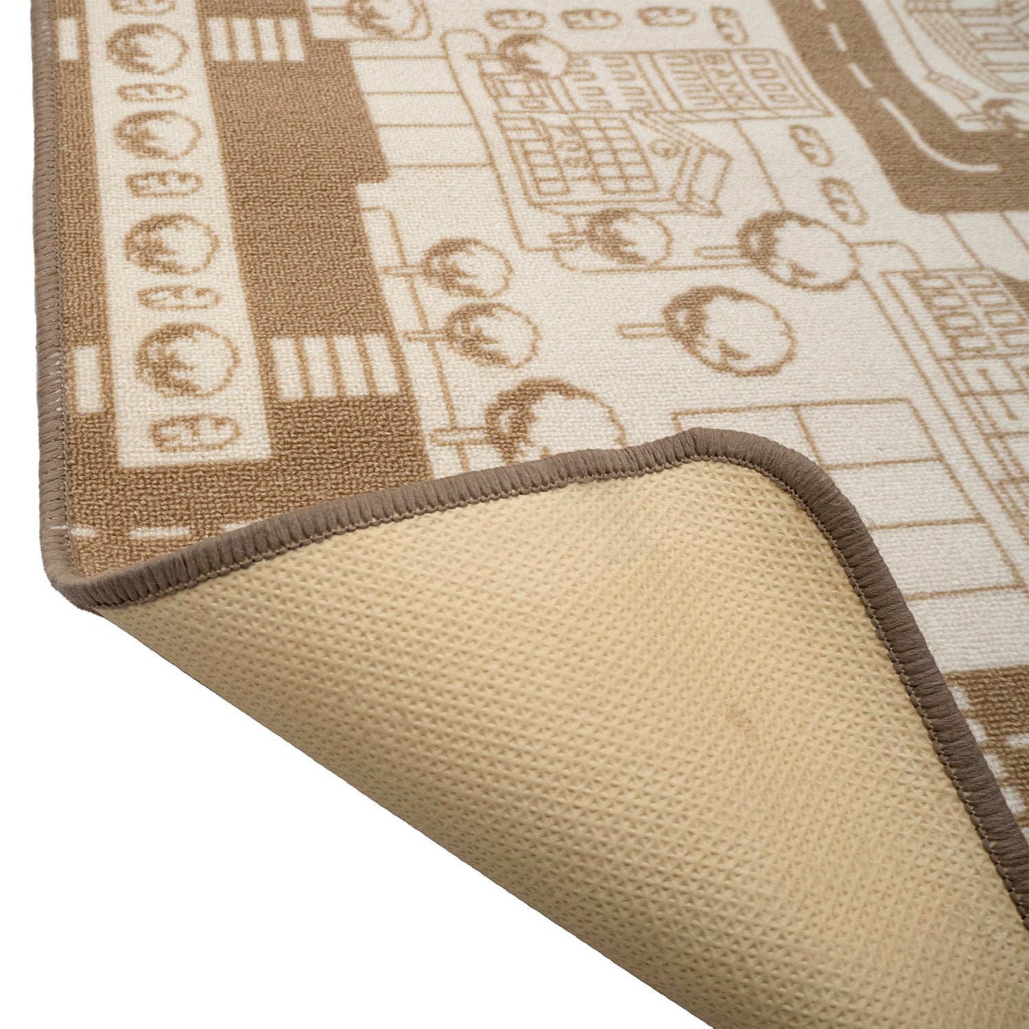 Liikennematto kutsuu lapset hauskoihin leikkeihin pikkuautoilla! Kuvassa beige matto.