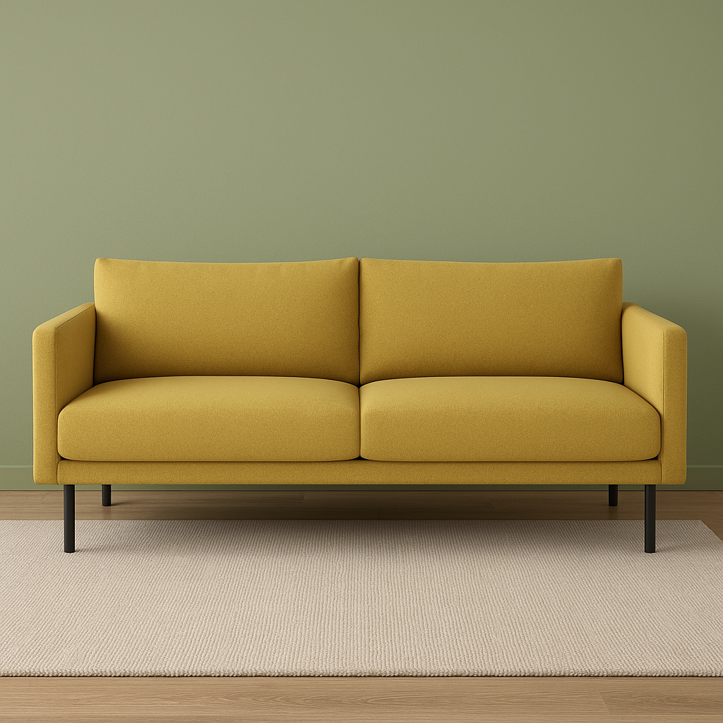 Malmö-sohva okran värisellä Modena-kankaalla. Stailattu visualisointi.