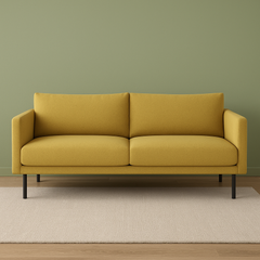 Malmö-sohva okran värisellä Modena-kankaalla. Stailattu visualisointi.