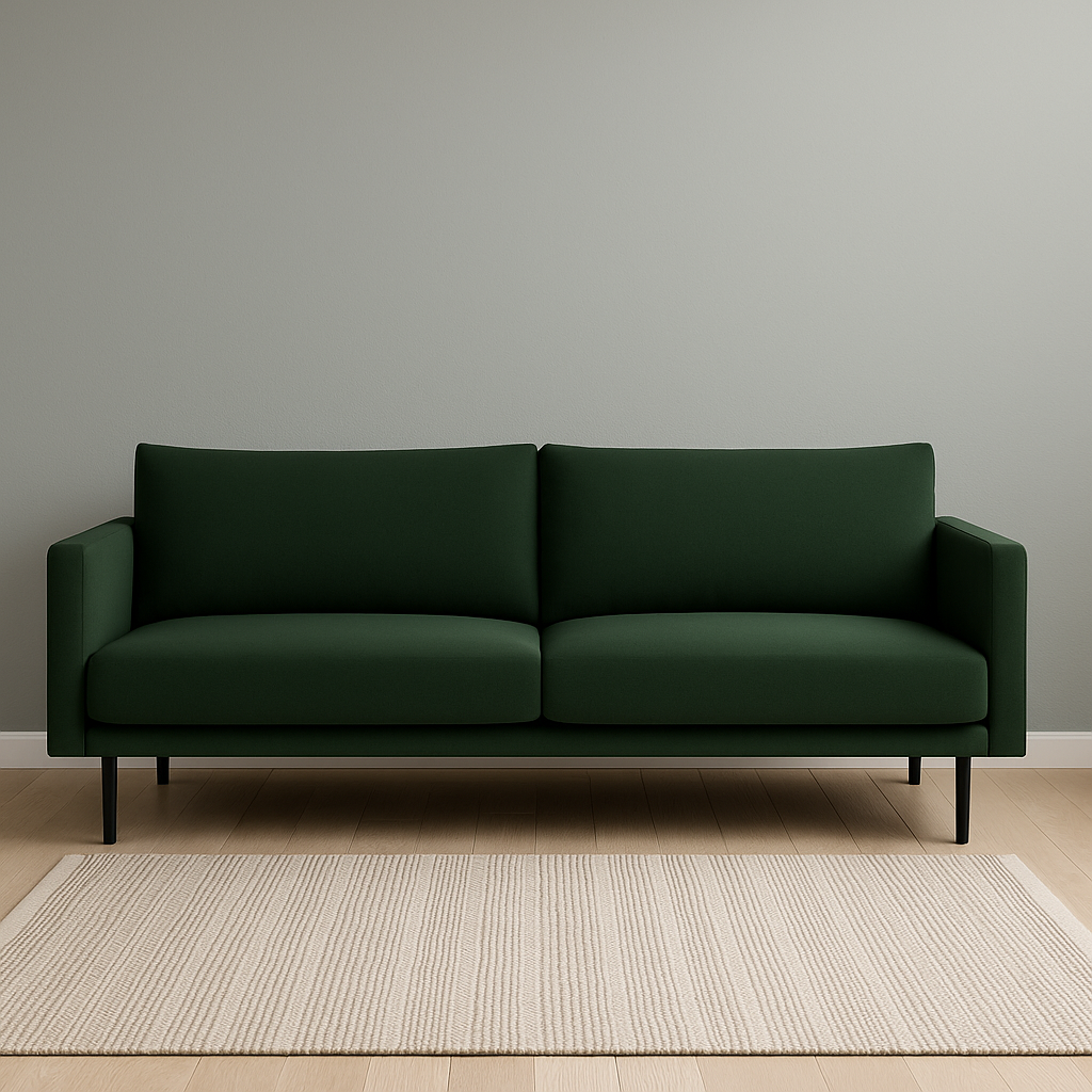 Malmö sohva tummanvihreällä Modena-kankaalla. Stailattu visualisointi.