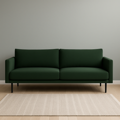Malmö sohva tummanvihreällä Modena-kankaalla. Stailattu visualisointi.