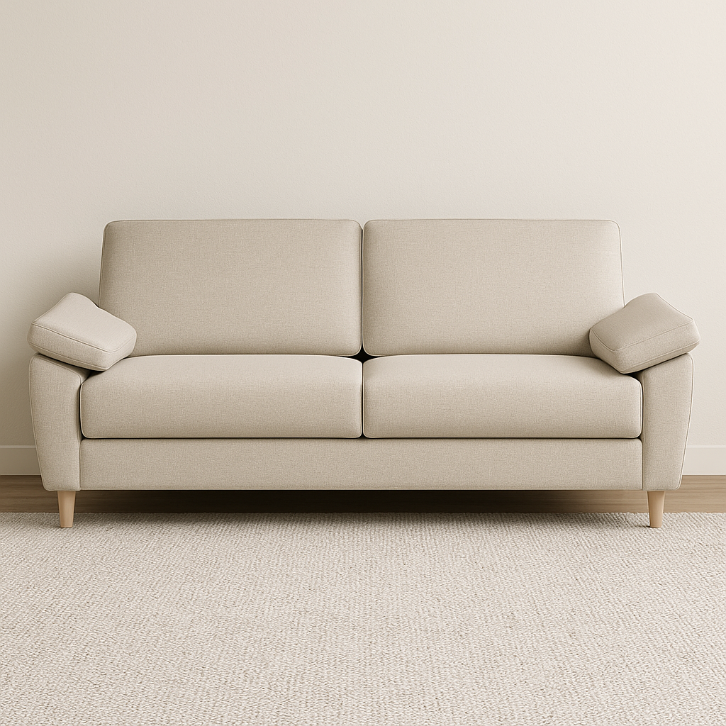 Salla-vuodesohva beigellä Minco 30-kangasverhoilulla ja luonnonvärisillä puujaloilla. Stailattu visualisointi.