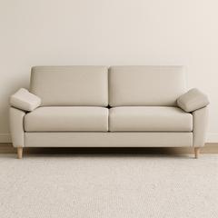 Salla-vuodesohva beigellä Minco 30-kangasverhoilulla ja luonnonvärisillä puujaloilla. Stailattu visualisointi.