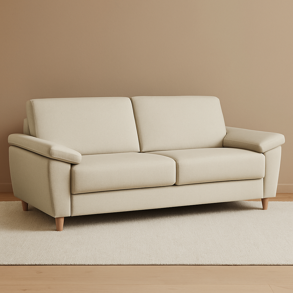 Salla-vuodesohva beigellä Minco 30-kangasverhoilulla ja luonnonvärisillä puujaloilla. Stailattu visualisointi.