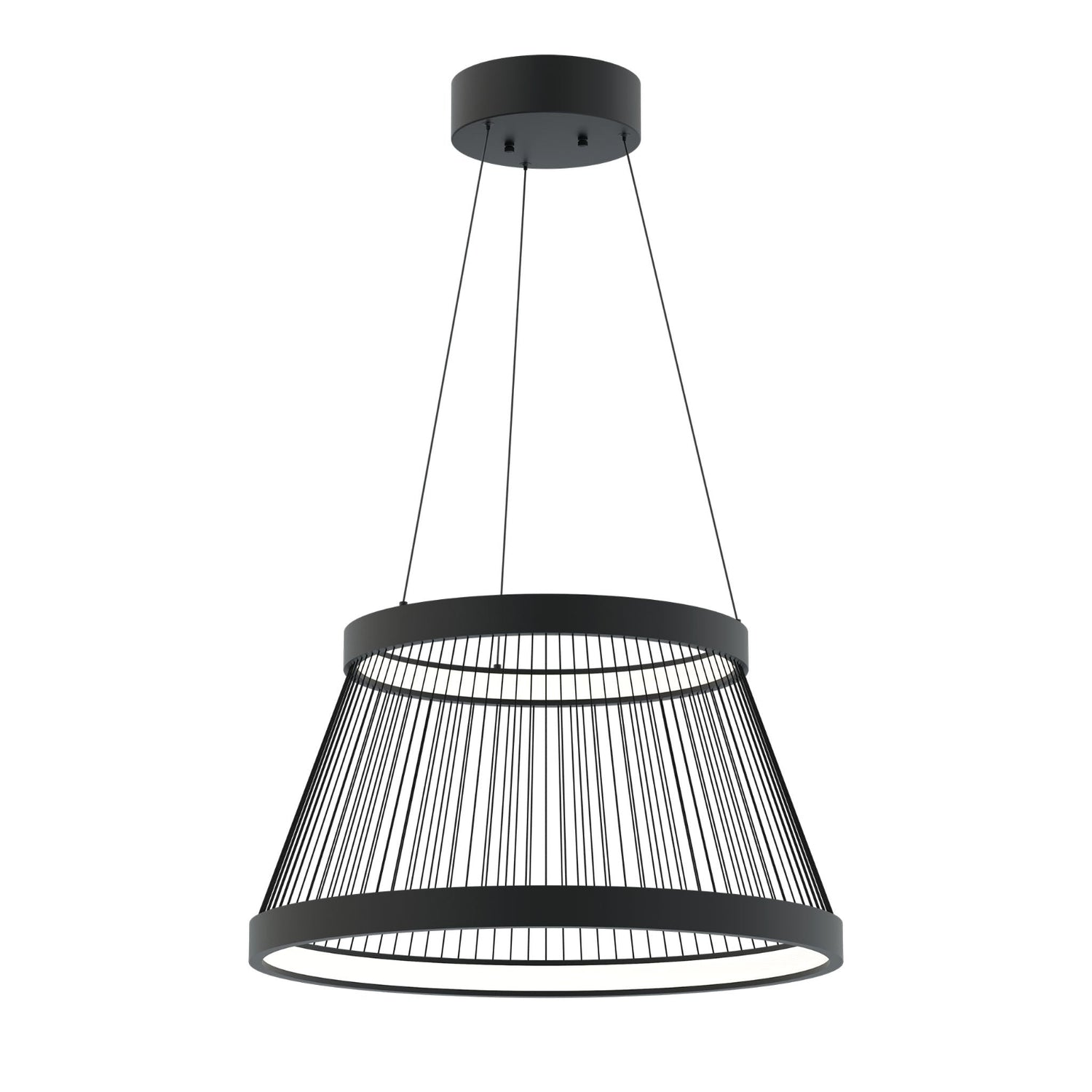Mustassa String LED -kattovalaisimessa on tyylikkäillä mustilla kangasnaruilla keskenään kiinni kaksi valorinkulaa.