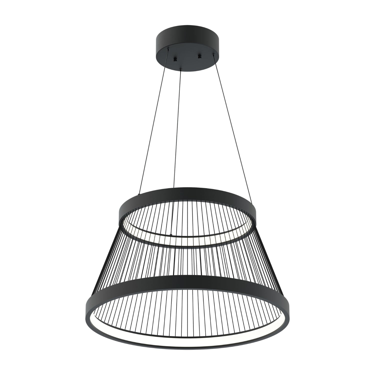 Mustassa String LED -kattovalaisimessa on tyylikkäillä mustilla kangasnaruilla keskenään kiinni kaksi valorinkulaa.