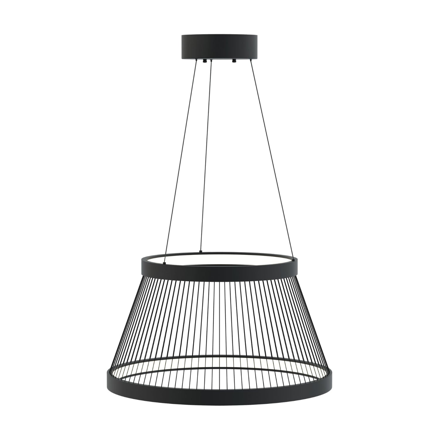 Mustassa String LED -kattovalaisimessa on tyylikkäillä mustilla kangasnaruilla keskenään kiinni kaksi valorinkulaa.