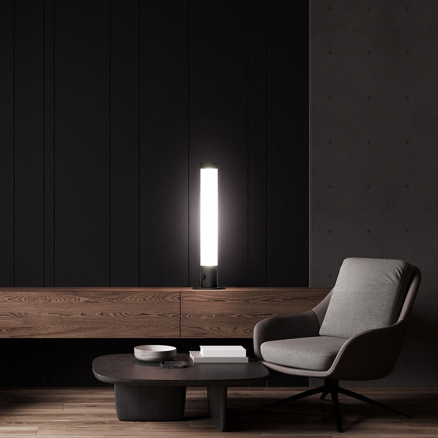 Kuvassa on Tower-pöytävalaisin, musta/valkoinen akryyli. Valaisin on himmennettävä.