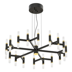 Tribute-kattovalaisin mattamustalla rungolla, ylellisillä messinkiyksityiskohdilla ja eleganteilla opaalivalkoisilla valaisinputkilla. Kattokruunu on TRIAC-himmennettävä.