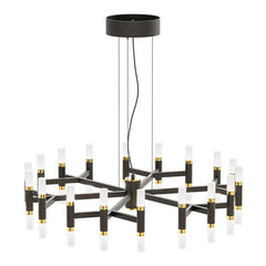 Tribute-kattovalaisin mattamustalla rungolla, ylellisillä messinkiyksityiskohdilla ja eleganteilla opaalivalkoisilla valaisinputkilla. Kattokruunu on TRIAC-himmennettävä.