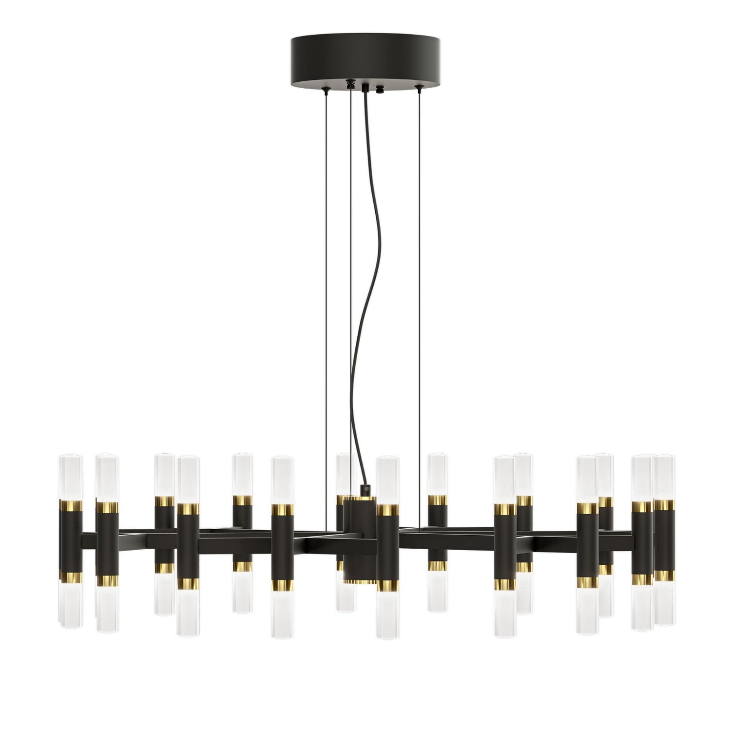 Tribute-kattovalaisin mattamustalla rungolla, ylellisillä messinkiyksityiskohdilla ja eleganteilla opaalivalkoisilla valaisinputkilla. Kattokruunu on TRIAC-himmennettävä.