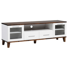 Vuokatti-tv-tason pääväri on valkoinen, kansi ja jalkaosa ovat tumman pähkinänväriset. Kalusteen takaseinässä on läpivienti johtoja varten. Tasossa on pitkänmalliset vetimet ja puujalat.