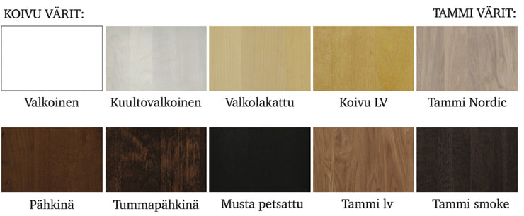 Kuvassa on 10 Vuokatti-sarjan vakioväriä, joita voit yhdistellä vapaasti sarjan kalusteiden eri osiin Stemma-myymälöissä. Näiden lisäksi valittavissa on useita eri tilausvärejä.