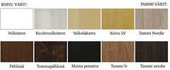 Kuvassa on 10 Vuokatti-sarjan vakioväriä, joita voit yhdistellä vapaasti sarjan kalusteiden eri osiin Stemma-myymälöissä. Näiden lisäksi valittavissa on useita eri tilausvärejä.