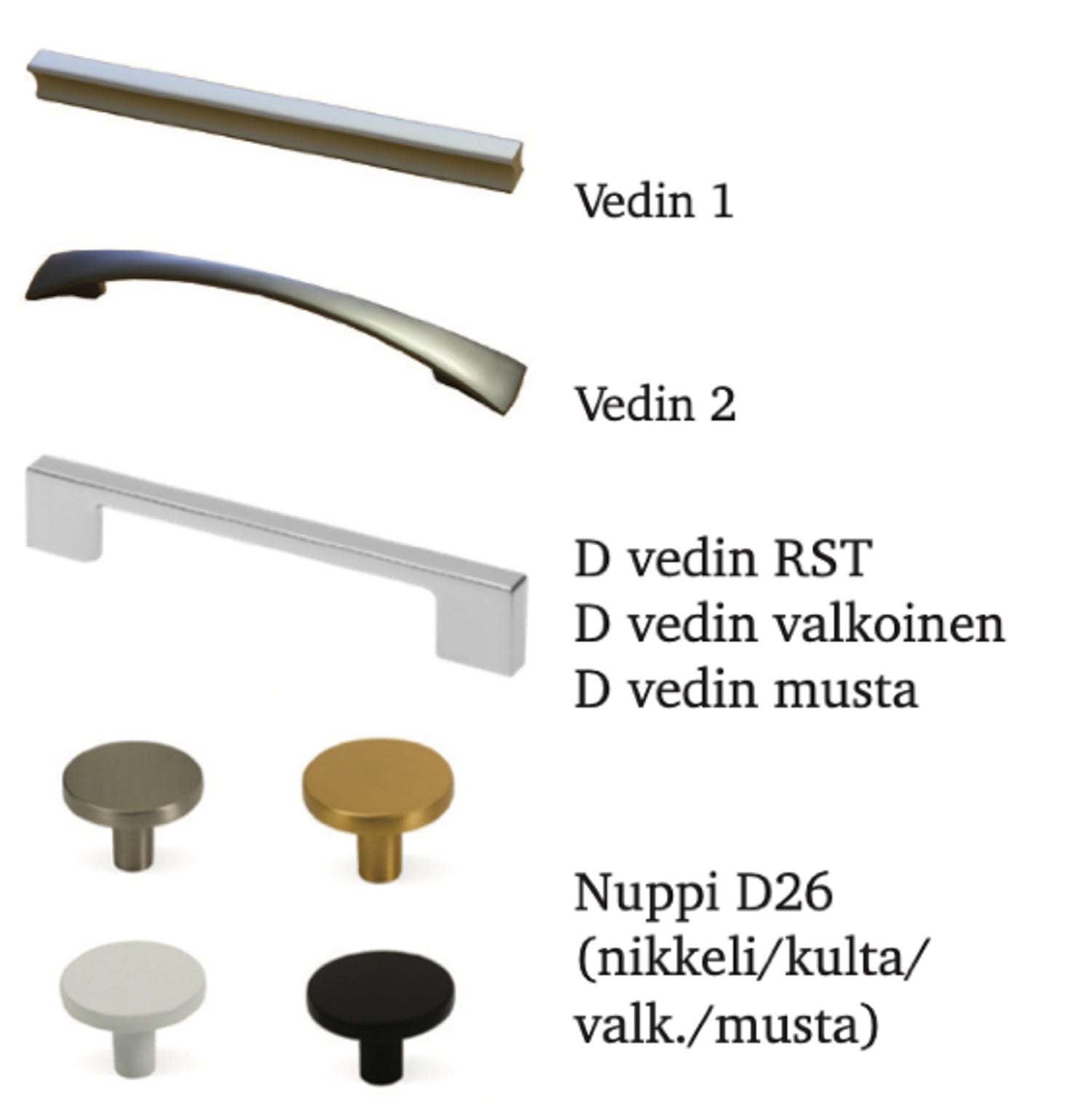 Stemma-myymälöissä voit valita Vuokatti-kalusteisiin erilaisista vedinmalleista mieluisimman.