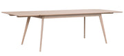 Yumi-pöytä 190 x 90 cm, valkotammenvärinen. Kuvassa pöytää on jatkettu jatkopaloilla molemmista päädyistä, jolloin siitä on saatu maksimimittainen 280 cm.