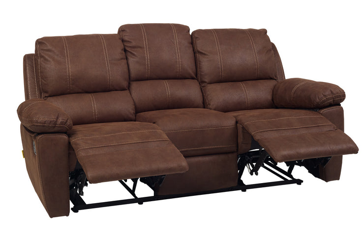 Denver-mekanismisohvan sivuilla ovat recliner-mekanismilliset istuimet ja keski-istuin on kiinteä. Kuvan sohvassa on ruskea kangasverhoilu.