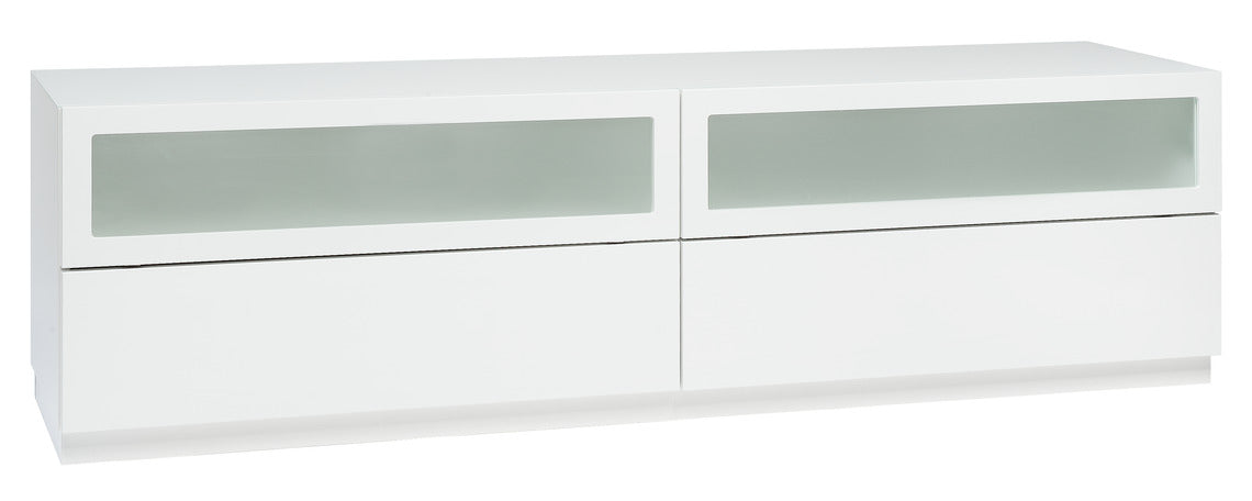 Kuvassa on 183 cm leveä korkeakiiltovalkoinen Lumo-sarjan tv-taso valkoisella jalkasokkelilla. Sarjan tuotteissa on valkoinen lasikansi.