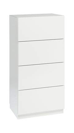 Kuvassa on 46 cm leveä korkeakiiltovalkoinen Lumo-lipasto valkoisella jalkasokkelilla. Sarjan tuotteissa on valkoinen lasikansi.